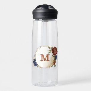 Terrakotta-Navy-Blumen-Grün-Monogramm Trinkflasche
