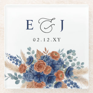 Terrakotta-Navy-Pampas-Grün-Moderne-Hochzeit Glasuntersetzer