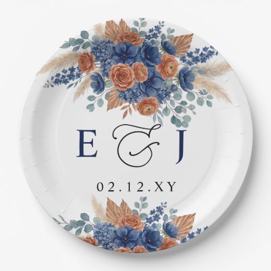 Terrakotta-Navy-Pampas-Grün-Moderne-Hochzeit Pappteller (Vorderseite)