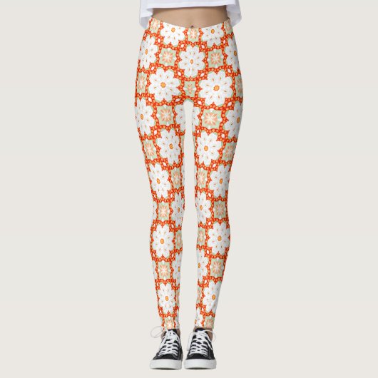 Terrakotta Orange & Salbeigrün Geometrisch Blumig Leggings (Vorderseite)
