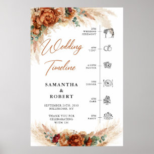 Terrakotta-Pampas-Burgunder-Blumen-Hochzeit Zeitpl Poster