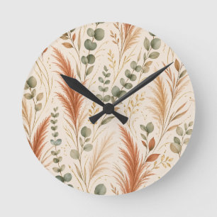 Terrakotta Pampasgras Eukalyptus Neutral Boho Runde Wanduhr