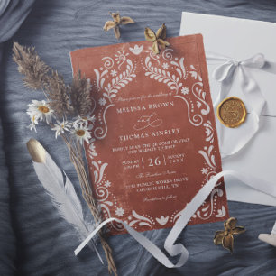Terrakotta-Papel-Picado-Budget-QR-Code-Hochzeit Einladung