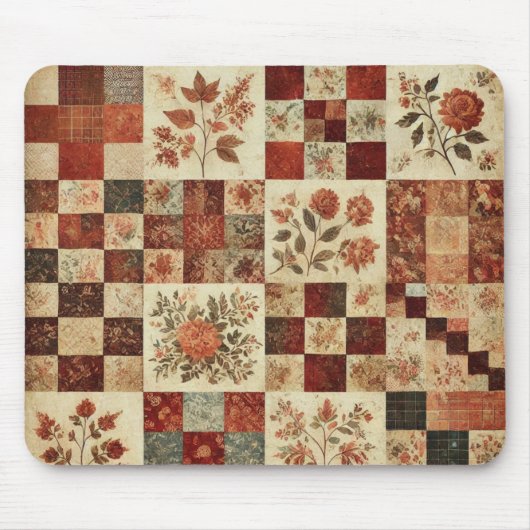 Terrakotta-Patchwork-Quilt-Rüstikale Blumen-Schrei Mousepad (Vorne)