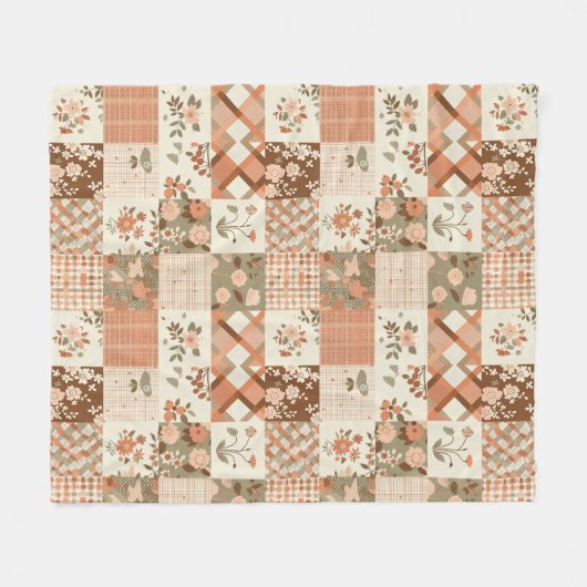 Terrakotta-Pfirsich-Quilt-Patchwork-Gingham-Blumen Fleecedecke (Vorderseite (Horizontal))