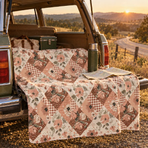 Terrakotta-Pfirsich-Quilt-Patchwork-Gingham-Blumen Fleecedecke