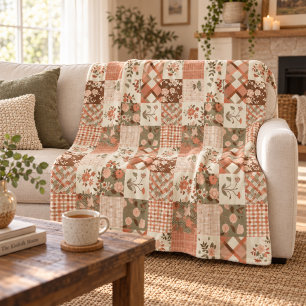 Terrakotta-Pfirsich-Quilt-Patchwork-Gingham-Blumen Fleecedecke