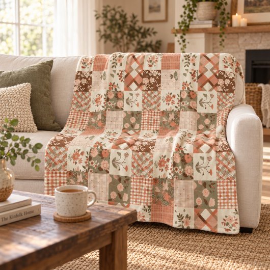 Terrakotta-Pfirsich-Quilt-Patchwork-Gingham-Blumen Fleecedecke