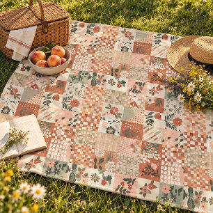 Terrakotta-Pfirsich-Quilt-Patchwork-Gingham-Blumen Fleecedecke
