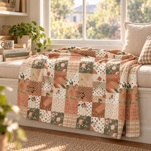Terrakotta-Pfirsich-Quilt-Patchwork-Gingham-Blumen Fleecedecke