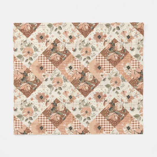Terrakotta-Pfirsich-Quilt-Patchwork-Gingham-Blumen Fleecedecke (Vorderseite (Horizontal))