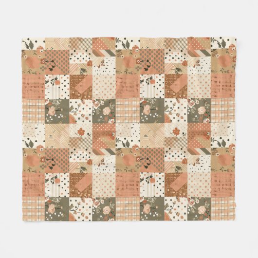 Terrakotta-Pfirsich-Quilt-Patchwork-Gingham-Blumen Fleecedecke (Vorderseite (Horizontal))