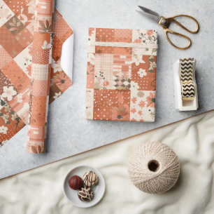 Terrakotta-Quilt-Gingham-Cottagecore-Blumenmuster Geschenkpapier