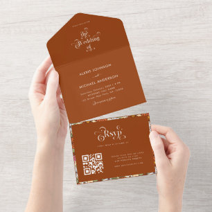 Terrakotta Retro Groovy Hippie Blumen & Typografie All In One Einladung