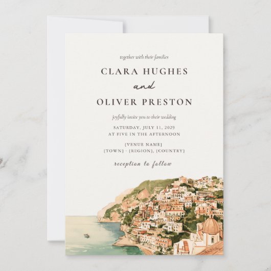 Terrakotta-Salbei-Script-Positano-Küstenhochzeit Einladung (Vorderseite)