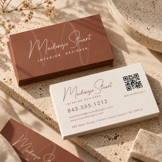 Terrakotta-Script-QR-Code Modern Elegant Visitenkarte