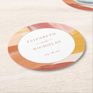 Terrakotta-Sonnenaufgang   Monogramm-Hochzeit Runder Pappuntersetzer