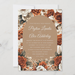 Terrakotta-Taupe-Blumenbogen-Hochzeit Einladung