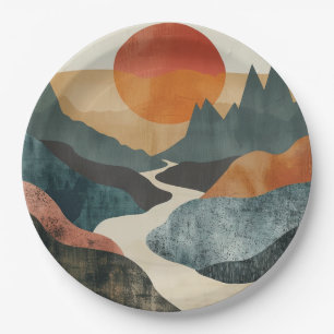 Terrakotta-Teal-Berg-Sonnenuntergangs-Flusslandsch Pappteller