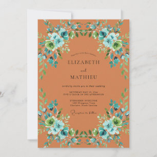 Terrakotta Teal Blütenromanze Hochzeit Einladung