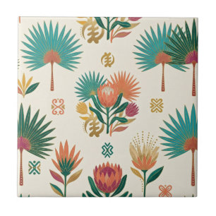Terrakotta-Teal-Protea- und Fächerpalmen-Keramikfl Fliese