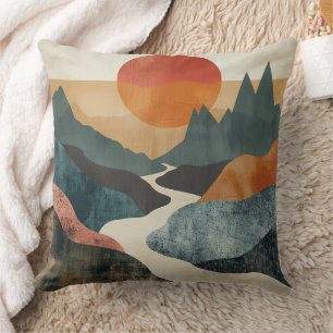 Terrakotta-Türkis-Berg-Sonnenuntergang-Fluss-Lands Kissen