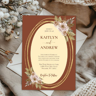 Terrakotta und Gold Elegantes Boho Blumenhochzeit Folieneinladung