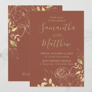 Terrakotta- und Gold-Pfingstrosen-Hochzeit im mode Einladung