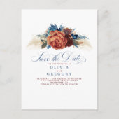 Terrakotta und Navy Blue Floral Save the Date Ankündigungspostkarte (Vorderseite)