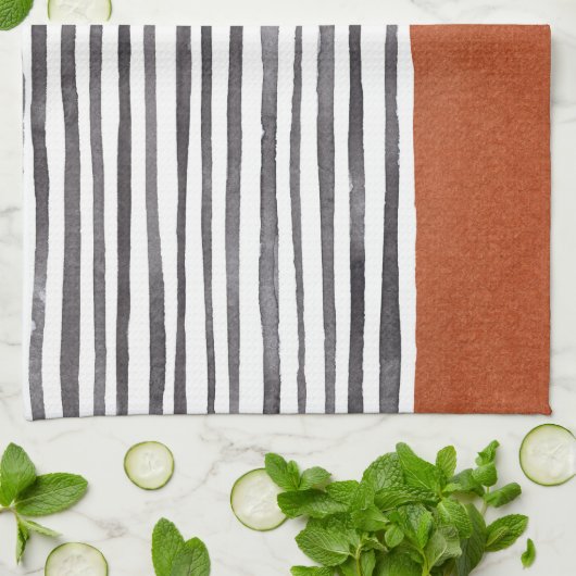 Terrakotta und Schwarz-weiße Streifen   Geschirrtuch (Gefaltet)