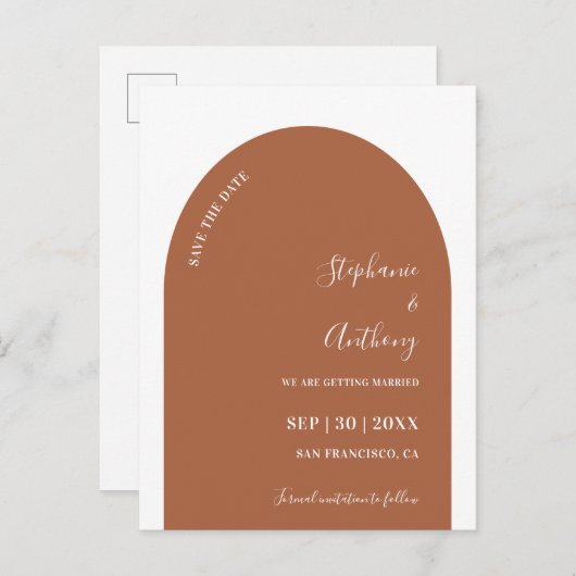 Terrakotta und Weißarsch Hochzeit retten Datum Ankündigungspostkarte (Vorne/Hinten)