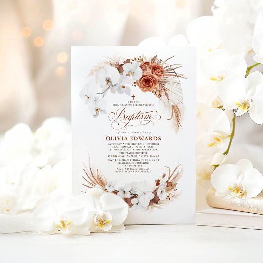 Terrakotta und weiße Blume Boho Chic Taufe Einladung