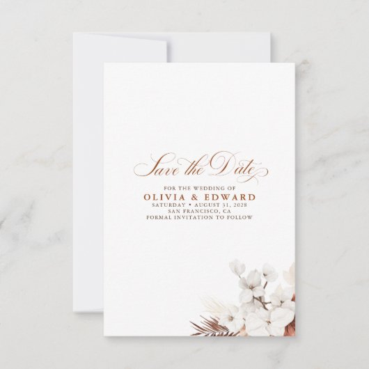 Terrakotta und weiße Blume Boho Save the Date (Vorderseite)