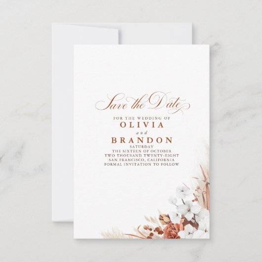 Terrakotta und weiße Blume Save the Date Ankündigung (Vorderseite)
