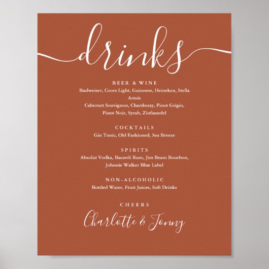 Terrakotta-Unterschrift-Script-Drinks-Menü-Schild Poster (Vorne)