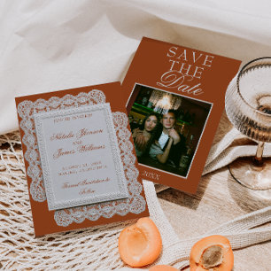 Terrakotta verbranntes Orange Spitzen-Foto-fantast Save The Date