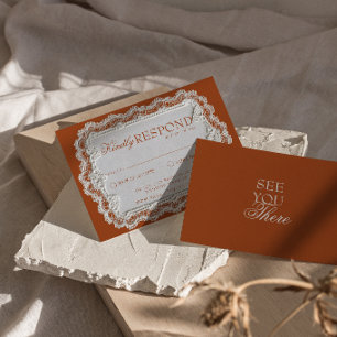 Terrakotta verbranntes Orange Spitzen Retro Hochze RSVP Karte