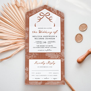 Terrakotta Weiße Spitze Kokette Bogen Hochzeit All In One Einladung