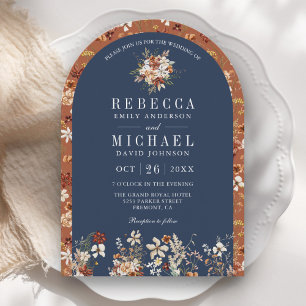 Terrakotta Wildblume Navy Blau Bogen Hochzeit Einladung