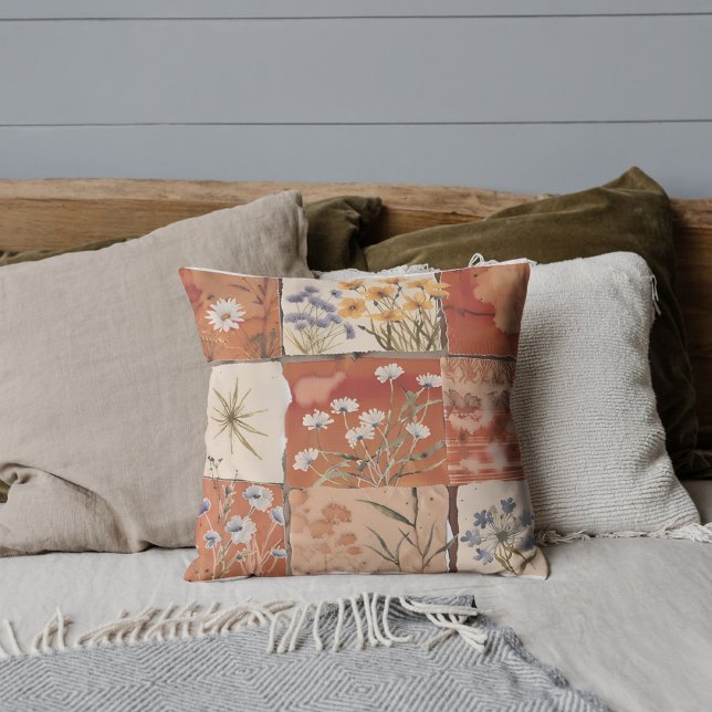 Terrakotta-Wildblumen-Boho-Patchwork-Rustikal-Früh Kissen (Von Creator hochgeladen)