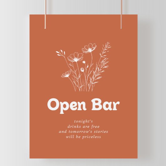 Terrakotta-Wildblumen-Hochzeit-Open-Bar-Schild Poster