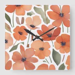 Terrakotta-Wildblumen-Rustikales-Boho-Wanddekor Quadratische Wanduhr