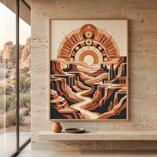 Terrakotta-Wüsten-Canyon-Retro-Sonnenstrahl-Landsc Poster