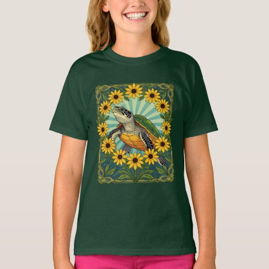 Terrapin And Black Eyed Susan Flowers Art Nouveau  T-Shirt (Vorderseite)