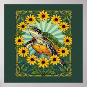 Terrapin und Black Eyed Susan Blumen Art Nouveau Poster