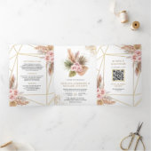 Terrarium Pampas Dusty Pink Roses QR Code Wedding Dreifach Gefaltete Einladung (Innenseite)