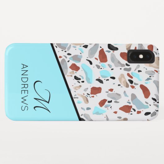 Terrazzo Blue Monogram Personalisiert Name Case-Mate iPhone Hülle (Rückseite (Horizontal))