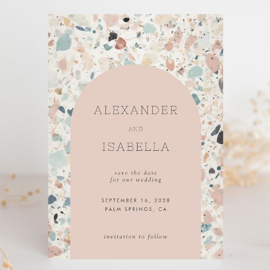 Terrazzo Blush Apricot Pastel Retro Arch Wedding Save The Date