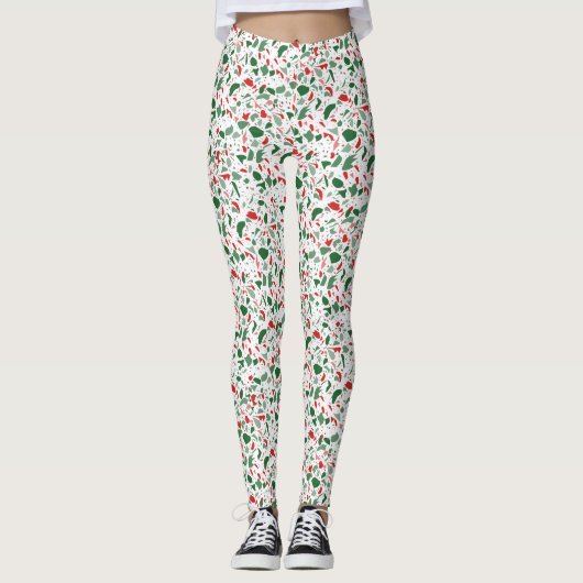 Terrazzo Green Red Christmas Pattern Urlaub Leggings (Vorderseite)