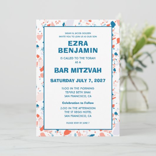 Terrazzo Handgezeichnetes Bar Bat Mitzvah Einladung (Stehend Vorderseite)